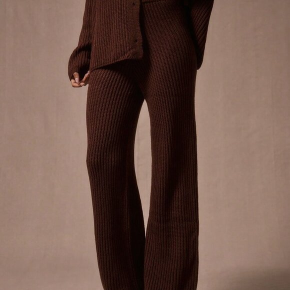 Chocolate Brown Casual Women's Wide Leg Chunky Knit Sweater Trousers - Picture 2 of 5